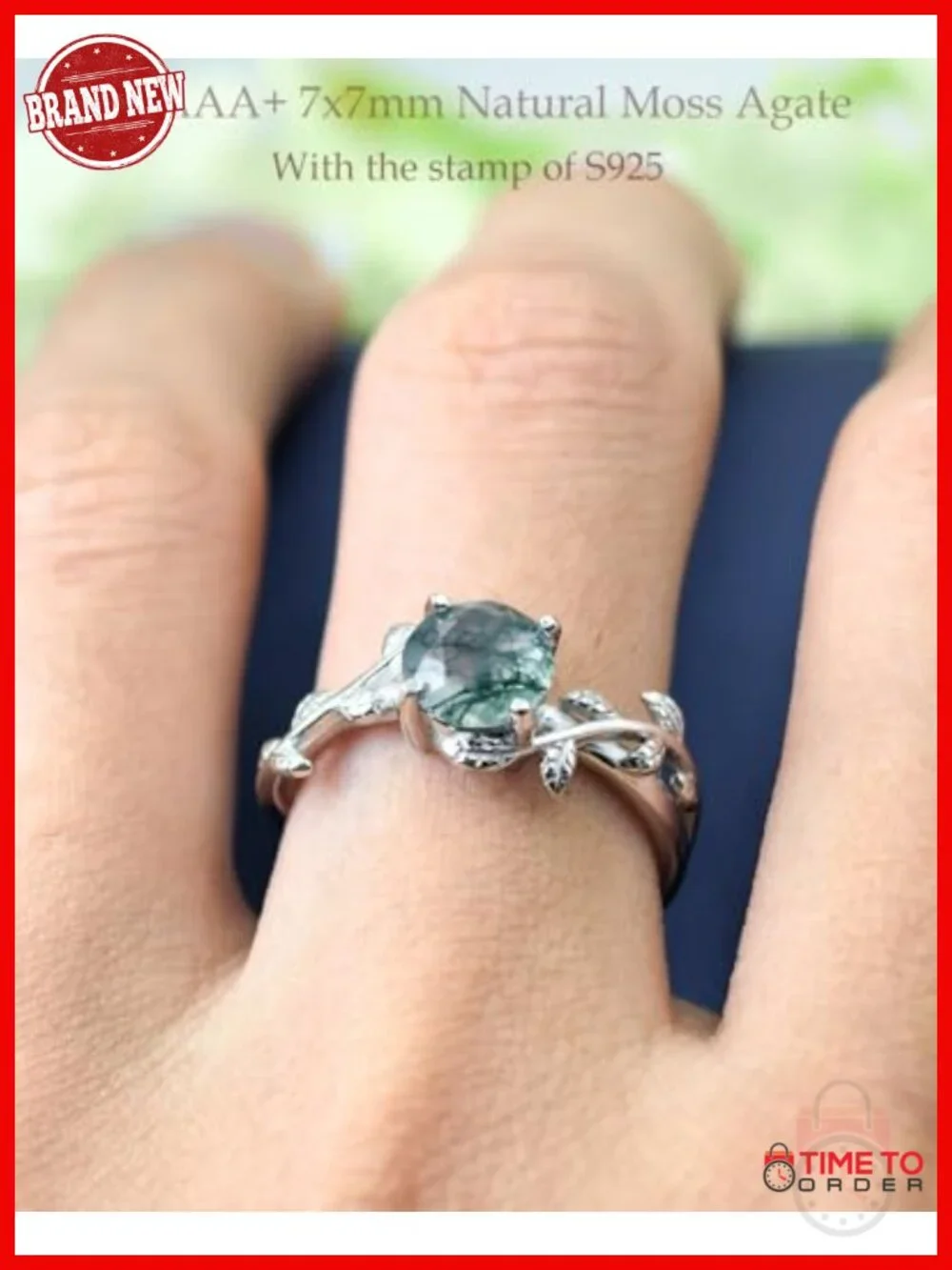 925 Sterling Silver Natural Moss Agate Ring Promise Engagement Wedding Gift